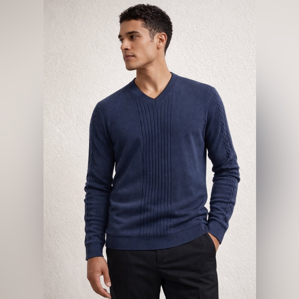 Hugo Boss Cashmere V Neck Rib Cable Knit Pullover Sweater Crewneck Blue Sz M